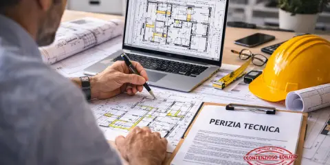 Un professionista esamina un progetto edilizio, con un laptop che mostra planimetrie e un documento intitolato "Perizia Tecnica".
