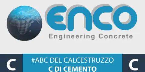 Logo ENCO con globo terrestre e testo "#ABC DEL CALCESTRUZZO C DI CEMENTO", che evidenzia i componenti cemento.