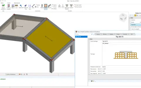 Software di calcolo strutturale mostra un solaio in laterocemento con i dati del peso proprio e peso portato.