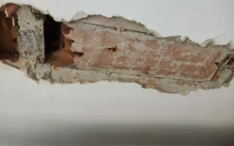 Intonaco danneggiato rivela l'intradosso del solaio con mattoni a vista e travi in legno.