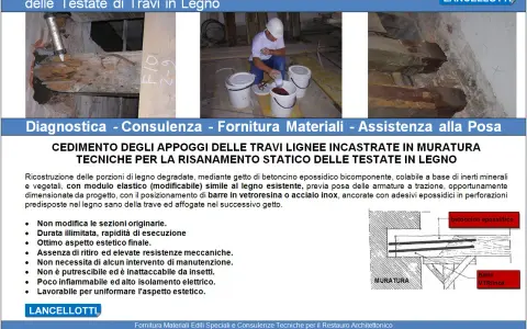 Tecnici al lavoro per il restauro travi in legno, con betoncino epossidico e barre in VTR/inox.