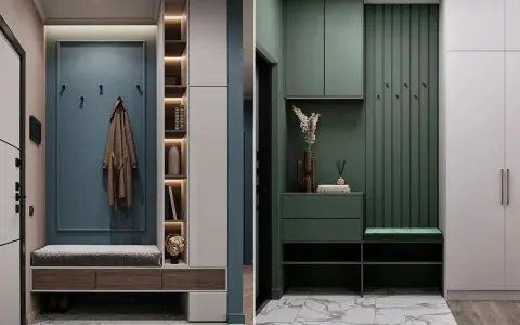 Ingressi in cartongesso moderni con panche, mensole illuminate e armadi a muro. Uno con cappotto appeso, l'altro con decorazioni verdi.
