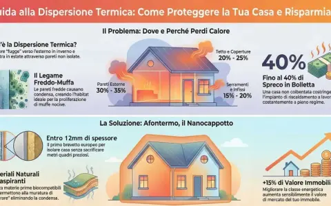 Illustrazione che mostra la dispersione termica in una casa, con soluzioni come il nanocoat per migliorare l'involucro edilizio e aumentare il valore immobiliare.