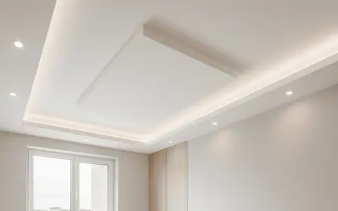 Soffitto moderno con controsoffitto in cartongesso, illuminazione a LED integrata e un pannello centrale sospeso.
