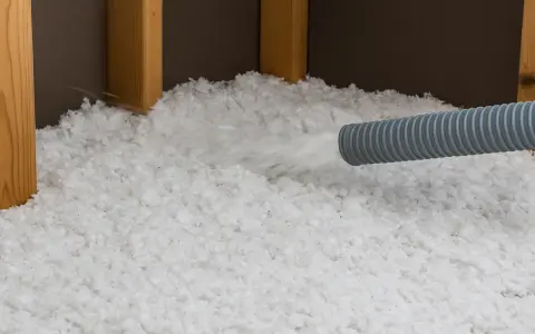 Installazione di isolamento soffiato. Attenzione: la lana di vetro è cancerogena.