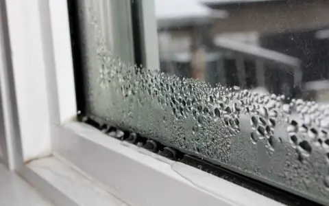 Goccioline d'acqua formano una **condensa interstiziale** sul vetro di una finestra, con un telaio bianco visibile.