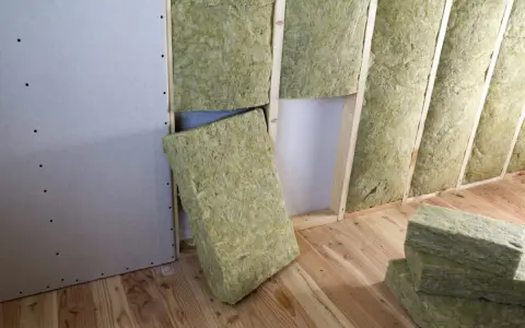 Pannelli di lana di roccia pronti per l'isolamento termico casa, inseriti tra le travi di legno di una parete in costruzione.