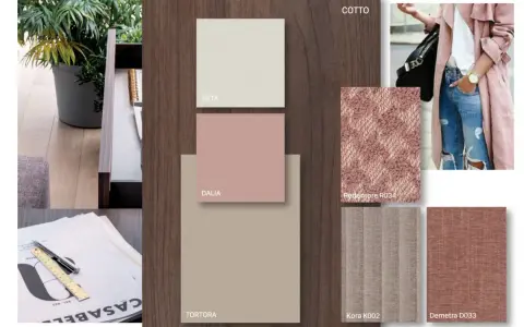 Moodboard con palette di colori da abbinare al rosa antico: tonalità neutre, tessuti e un tocco di denim.