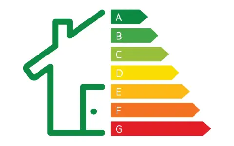 Casa stilizzata con scala di efficienza energetica (A-G). La certificazione energetica cos'è? Indica l'efficienza di un immobile.
