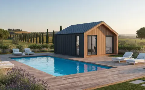 Case prefabbricate senza concessione edilizia: un'oasi di relax in campagna con piscina e vista panoramica.