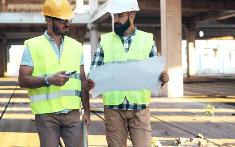Due operai con caschi e giubbotti ad alta visibilità esaminano un progetto. Uno, il responsabile dei lavori, indica un dettaglio.