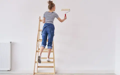 Donna su scala con rullo, pronta a tinteggiare le pareti di bianco.