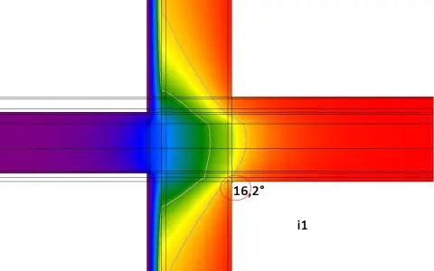 Analisi termica di un angolo, evidenzia il ponte termico e le possibili soluzioni. Temperatura 16,2°.