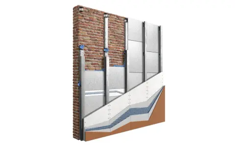 Sezione di un muro con isolamento termico e rivestimento esterno, illustra un intervento di efficientamento energetico.