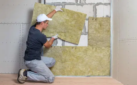 Operaio posiziona pannelli per isolamento termico soffitto dall'interno. Lavori di ristrutturazione in corso.