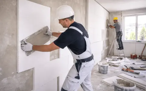 Operai applicano pannelli per l'isolamento termico delle pareti, un passo fondamentale per il comfort e il risparmio energetico.