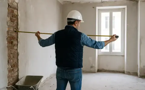 Operaio con metro misura muro grezzo in stanza in fase di ristrutturazione, cantiere in sanatoria.