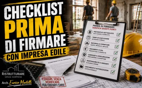 Checklist per firmare un contratto d'appalto con un'impresa edile: preventivo, tempi, materiali, pagamenti, garanzie, responsabilità e documenti.