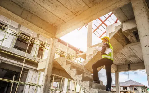 Ingegnere con caschetto giallo e giubbotto ad alta visibilità, con progetti in mano, osserva la **soletta edilizia** in cemento grezzo di un cantiere in costruzione.