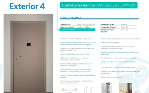 Porta blindata da esterno con eccellente trasmittanza termica Ud = 1.2-1.3 W/m2K, garantendo comfort e isolamento.