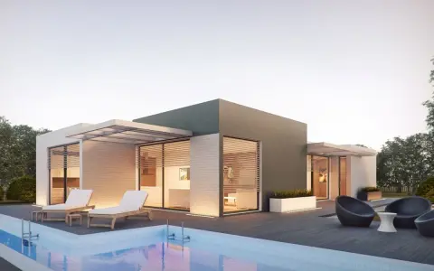 Moderna casa in Xlam con piscina e lettini. Valutare i case in Xlam pro e contro per un'abitazione sostenibile e di design.