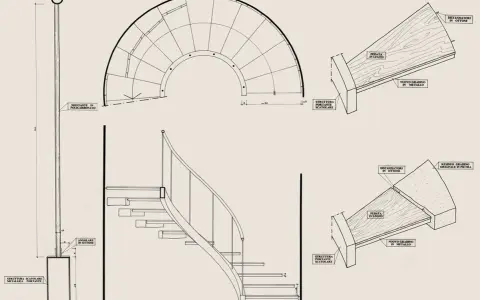 Disegno tecnico di una scala a chiocciola con dettagli sui materiali e sulla struttura portante, conforme alla normativa scale.