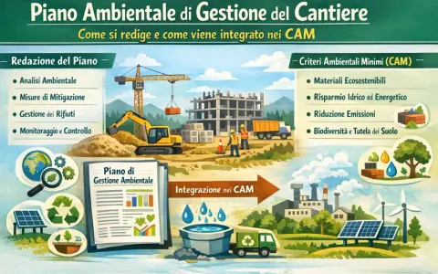 Illustrazione che mostra le fasi di un piano ambientale di cantierizzazione: redazione, integrazione nei CAM e criteri ambientali minimi, con elementi grafici di un cantiere e un impianto industriale.