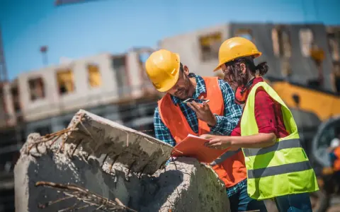 Due operai con caschi gialli e giubbotti ad alta visibilità discutono un progetto di **construction management** su un cantiere.