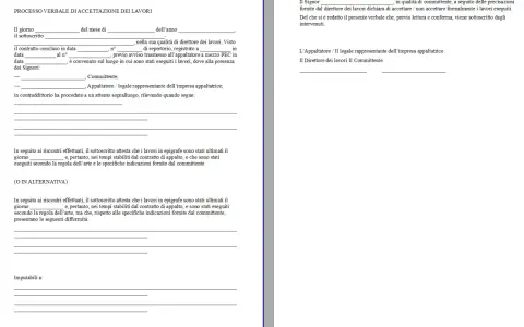 Verbale di fine lavori privati fac simile: documento per accettazione lavori, con spazi per committente, appaltatore e direttore lavori.