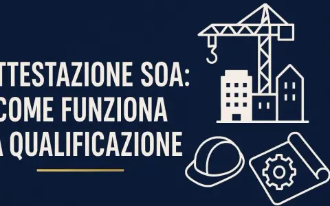 Attestazione SOA: come funziona la qualificazione. Icone di cantiere, casco e progetto.