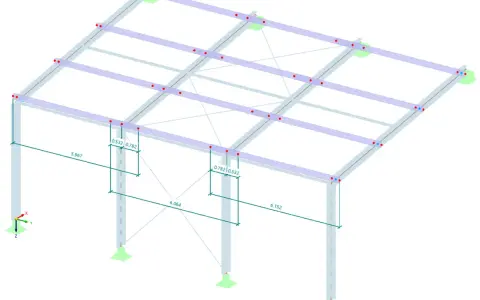 Modello 3D di una struttura metallica con pilastri, travi e controventature. Evidenziato un giunto strutturale con quote dimensionali.