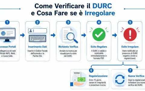Schema su come verificare il DURC: accesso portali, inserimento dati, richiesta verifica, esito regolare o irregolare, regolarizzazione e nuova verifica.