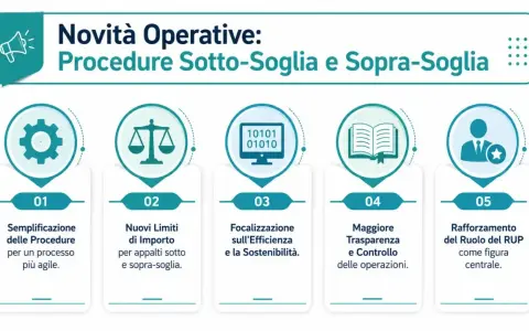 Novità operative: procedure sotto-soglia e sopra-soglia. Il punto 5 evidenzia il rafforzamento del ruolo del RUP, il responsabile unico del procedimento, come figura centrale.