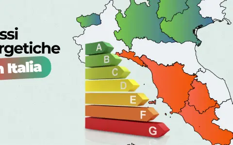 Mappa dell'Italia con le classi energetiche. Le regioni sono colorate in base all'efficienza, con una scala da A (verde) a G (rosso).