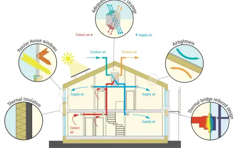 Schema di una casa con sistema di ventilazione e isolamento per una **costruzione passiva**. Dettagli su finestre, isolamento termico, tenuta all'aria e ponti termici.