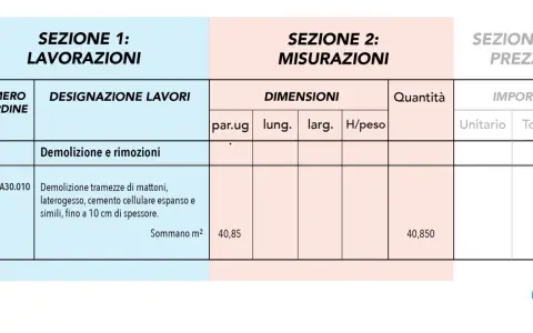 Tabella di computo metrico per ristrutturazione: sezione lavori, misurazioni e prezzi. Dettaglio demolizione tramezze.