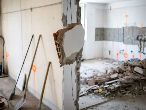 Demolizione di un muro interno, con detriti e attrezzi da lavoro. L'abbattimento muro interno senza CILA è un'operazione delicata.