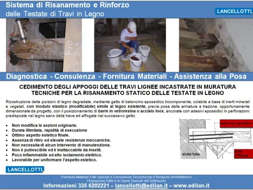 Tecnici al lavoro per il restauro travi in legno, con betoncino epossidico e barre in VTR/inox.