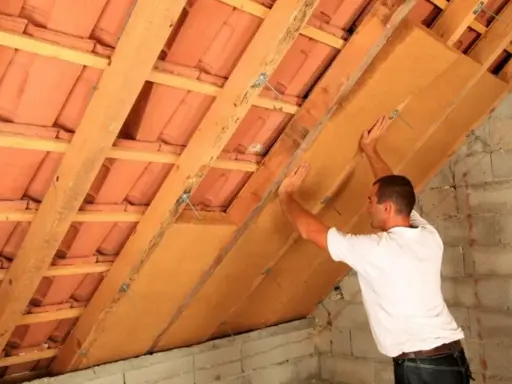 Operaio posiziona pannelli per isolamento soffitto interno, tra travi in legno e tegole.