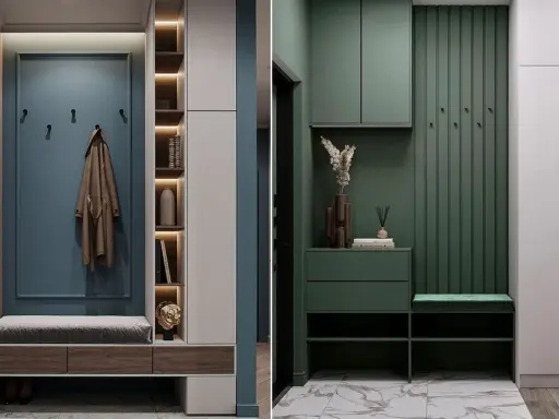 Ingressi in cartongesso moderni con panche, mensole illuminate e armadi a muro. Uno con cappotto appeso, l'altro con decorazioni verdi.