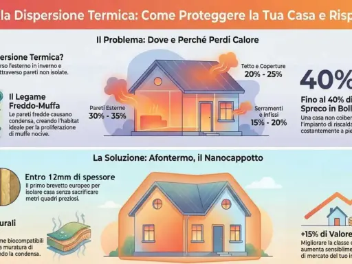 Illustrazione che mostra la dispersione termica in una casa, con soluzioni come il nanocoat per migliorare l'involucro edilizio e aumentare il valore immobiliare.