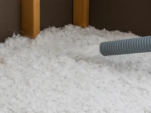 Installazione di isolamento soffiato. Attenzione: la lana di vetro è cancerogena.