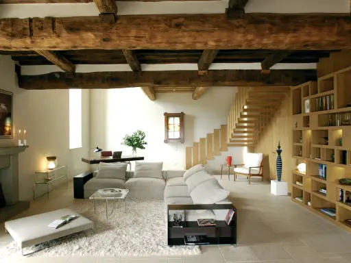 Soggiorno moderno con travi a vista, un camino in pietra, divani chiari, libreria in legno e scala a vista. Le travi a vista pro e contro sono evidenti nell'estetica rustica e nella potenziale manutenzione.