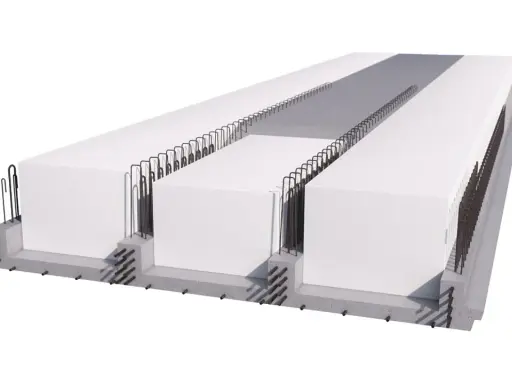 Sezione di un solaio in calcestruzzo armato precompresso con elementi prefabbricati in polistirene e armature metalliche.