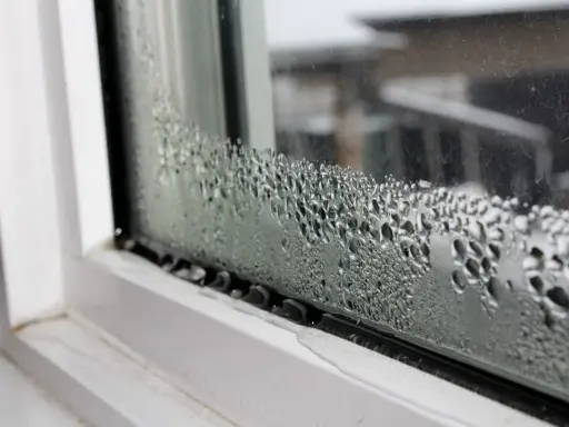 Goccioline d'acqua formano una **condensa interstiziale** sul vetro di una finestra, con un telaio bianco visibile.