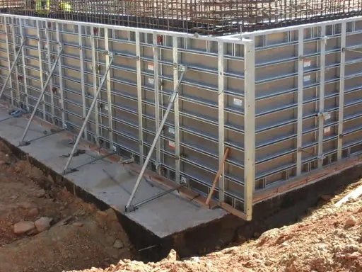 Casse edili metalliche montate per gettare una fondazione in cemento armato, con armature metalliche visibili in alto.