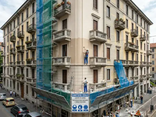Lavoratori in azione per dipingere casa esterno, con impalcature e teli blu che coprono la facciata in ristrutturazione.
