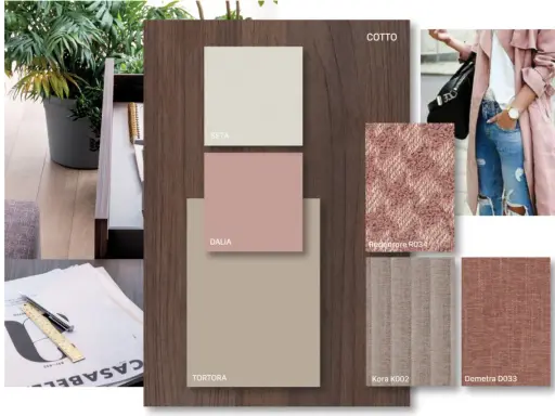 Moodboard con palette di colori da abbinare al rosa antico: tonalità neutre, tessuti e un tocco di denim.