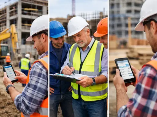 Operai in un cantiere consultano un libro giornale digitale su smartphone e tablet, coordinando i lavori.