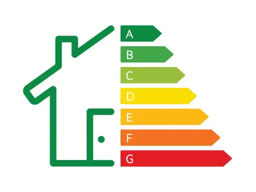 Casa stilizzata con scala di efficienza energetica (A-G). La certificazione energetica cos'è? Indica l'efficienza di un immobile.